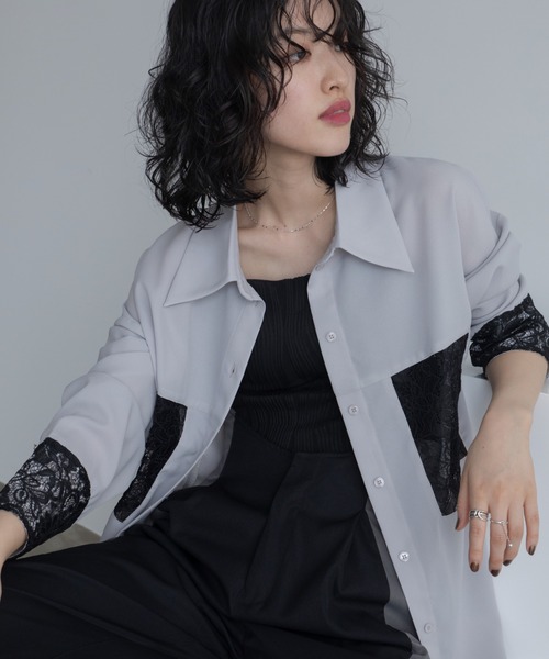 パメオポーズ 花柄レースドッキングシャツ『F』美品 透かし編み ブラウス モード 美人百花9月号掲載》刺繍レースドッキングブラウス｜Maglie le