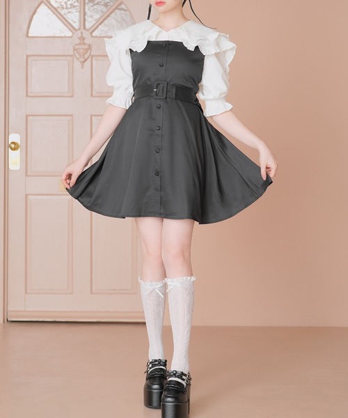 Newlyme（ニューリーミー）の「フロントボタンジャンスカワンピース（スカート・レディース・グリーン系その他/ネイビー/ブルー系その他/ブラック系その他/ピンク/グリーン/ライトグレー/ブラック/ピンク系その他/グレー系その他・3L/LL/LARGE/MEDIUM）」の2枚目の写真