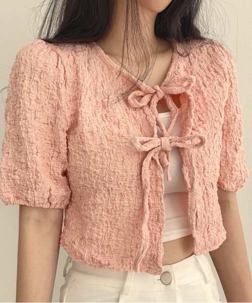 Per sist ence（パーシエンス）の「ダブルリボンパフスリーブリンクルカーディガン（カーディガン/ボレロ・レディース・ピンク/アイボリー/ブラック・FREE）」の3枚目の写真