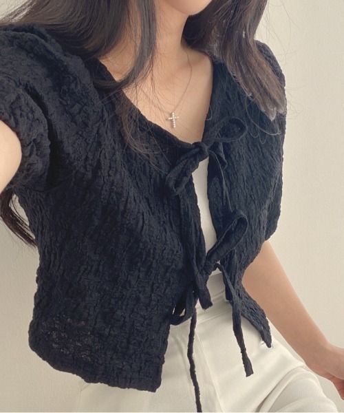 Per sist ence（パーシエンス）の「ダブルリボンパフスリーブリンクルカーディガン（カーディガン/ボレロ・レディース・ピンク/アイボリー/ブラック・FREE）」の2枚目の写真