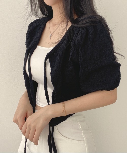 Per sist ence（パーシエンス）の「ダブルリボンパフスリーブリンクルカーディガン（カーディガン/ボレロ・レディース・ピンク/アイボリー/ブラック・FREE）」の8枚目の写真