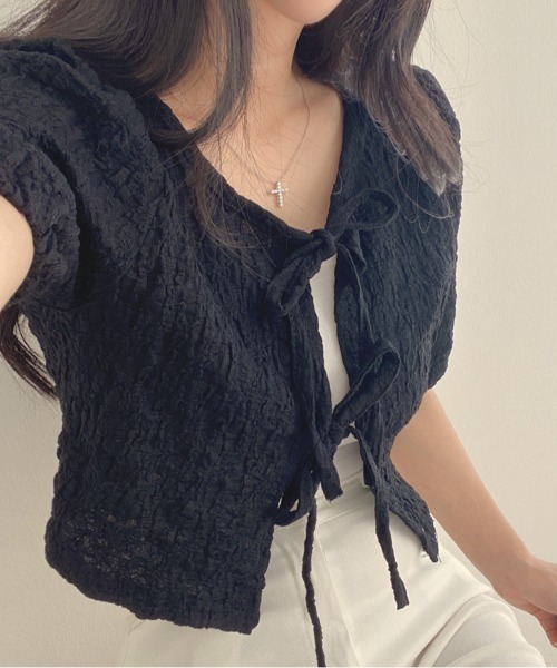 Per sist ence（パーシエンス）の「ダブルリボンパフスリーブリンクルカーディガン（カーディガン/ボレロ・レディース・ピンク/アイボリー/ブラック・FREE）」の9枚目の写真