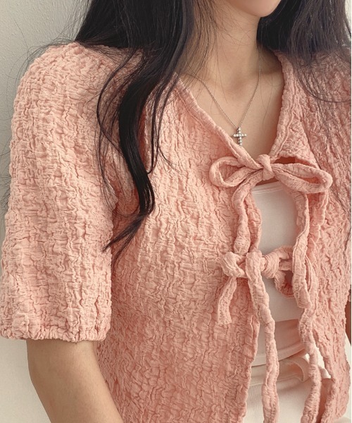 Per sist ence（パーシエンス）の「ダブルリボンパフスリーブリンクルカーディガン（カーディガン/ボレロ・レディース・ピンク/アイボリー/ブラック・FREE）」の12枚目の写真