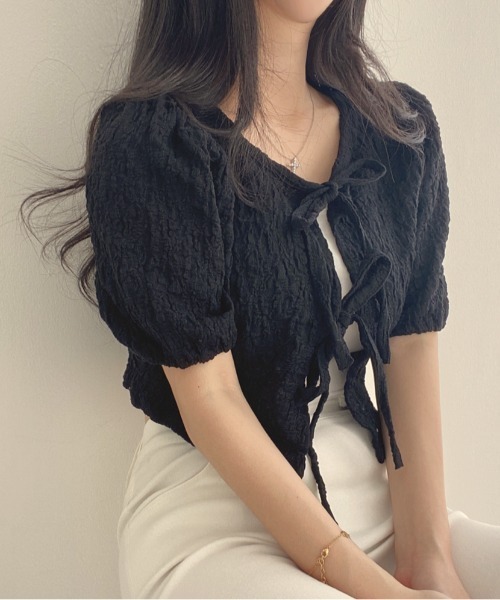 Per sist ence（パーシエンス）の「ダブルリボンパフスリーブリンクルカーディガン（カーディガン/ボレロ・レディース・ピンク/アイボリー/ブラック・FREE）」の10枚目の写真