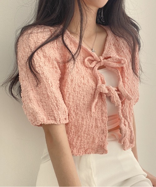 Per sist ence（パーシエンス）の「ダブルリボンパフスリーブリンクルカーディガン（カーディガン/ボレロ・レディース・ピンク/アイボリー/ブラック・FREE）」の13枚目の写真