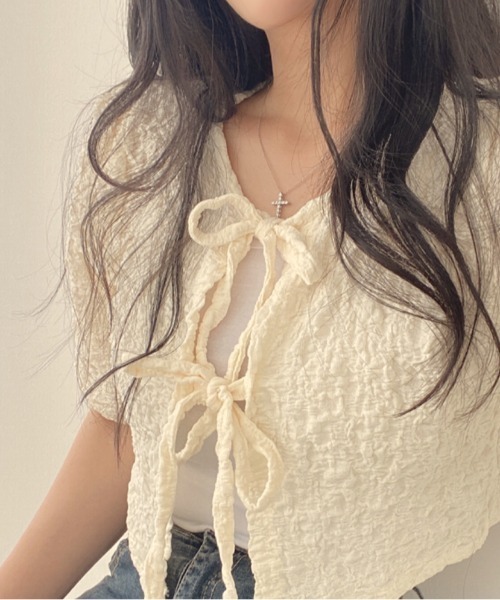 Per sist ence（パーシエンス）の「ダブルリボンパフスリーブリンクルカーディガン（カーディガン/ボレロ・レディース・ピンク/アイボリー/ブラック・FREE）」の5枚目の写真