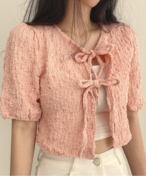 Per sist ence（パーシエンス）の「ダブルリボンパフスリーブリンクルカーディガン（カーディガン/ボレロ・レディース・ピンク/アイボリー/ブラック・FREE）」の14枚目の写真