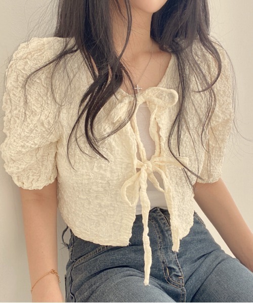 Per sist ence（パーシエンス）の「ダブルリボンパフスリーブリンクルカーディガン（カーディガン/ボレロ・レディース・ピンク/アイボリー/ブラック・FREE）」の15枚目の写真