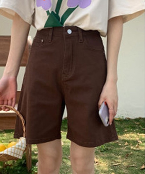 kirakiraShop(キラキラショップ)の「カラー デニム ハーフ パンツ(デニムパンツ・レディース・ピンク/ライトグリーン/ベージュ/イエロー/パープル/ブラウン/グリーン・S/M/XL/L)」の2枚目の写真