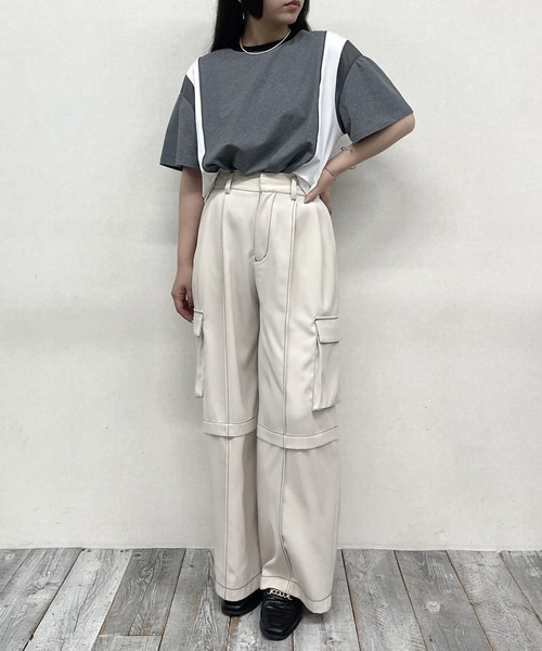 NICOLE CLUB（ニコル　クラブ）の「シアードッキングTシャツ（Tシャツ/カットソー・レディース・チャコール/ブラック/オフホワイト・FREE）」の16枚目の写真