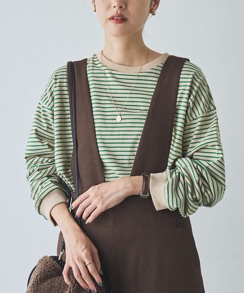 coen(コーエン)の「【WEB限定】USAコットンレトロボーダーTシャツ(Tシャツ/カットソー・レディース・ベージュ/ナチュラル/ケリーグリーン/パープル/ブラウン/オレンジ/ワインレッド/ダークグレー/ライム/ピンク/ライトブルー/ホワイト・L/M)」の6枚目の写真