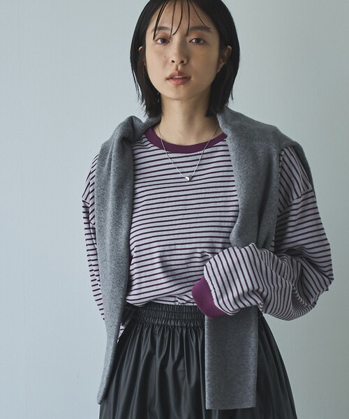 coen(コーエン)の「【WEB限定】USAコットンレトロボーダーTシャツ(Tシャツ/カットソー・レディース・ベージュ/ナチュラル/ケリーグリーン/パープル/ブラウン/オレンジ/ワインレッド/ダークグレー/ライム/ピンク/ライトブルー/ホワイト・L/M)」の9枚目の写真