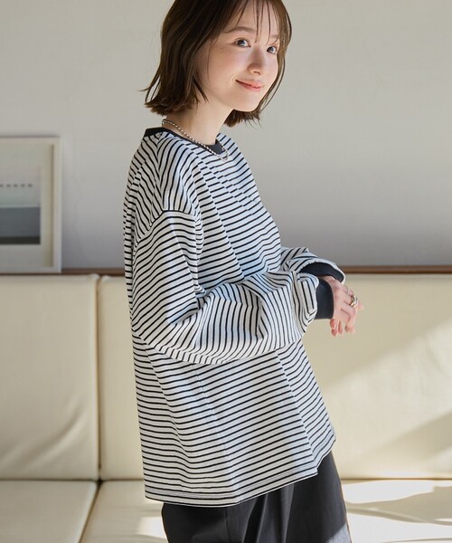 coen(コーエン)の「【WEB限定】USAコットンレトロボーダーTシャツ(Tシャツ/カットソー・レディース・ベージュ/ナチュラル/ケリーグリーン/パープル/ブラウン/オレンジ/ワインレッド/ダークグレー/ライム/ピンク/ライトブルー/ホワイト・L/M)」の2枚目の写真