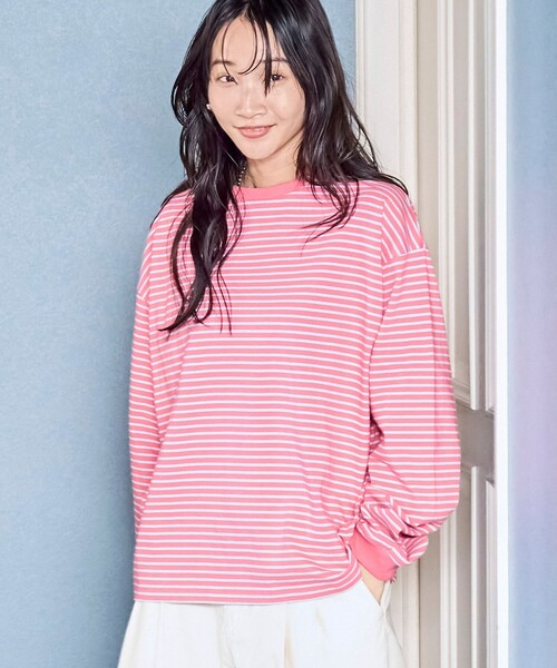 coen(コーエン)の「【WEB限定】USAコットンレトロボーダーTシャツ(Tシャツ/カットソー・レディース・ベージュ/ナチュラル/ケリーグリーン/パープル/ブラウン/オレンジ/ワインレッド/ダークグレー/ライム/ピンク/ライトブルー/ホワイト・L/M)」の10枚目の写真