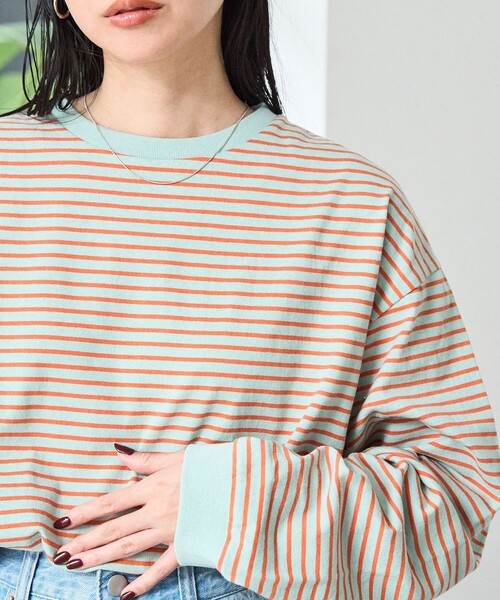 coen(コーエン)の「【WEB限定】USAコットンレトロボーダーTシャツ(Tシャツ/カットソー・レディース・ベージュ/ナチュラル/ケリーグリーン/パープル/ブラウン/オレンジ/ワインレッド/ダークグレー/ライム/ピンク/ライトブルー/ホワイト・L/M)」の12枚目の写真