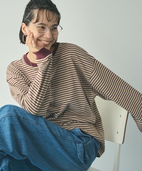 coen(コーエン)の「【WEB限定】USAコットンレトロボーダーTシャツ(Tシャツ/カットソー・レディース・ベージュ/ナチュラル/ケリーグリーン/パープル/ブラウン/オレンジ/ワインレッド/ダークグレー/ライム/ピンク/ライトブルー/ホワイト・L/M)」の11枚目の写真