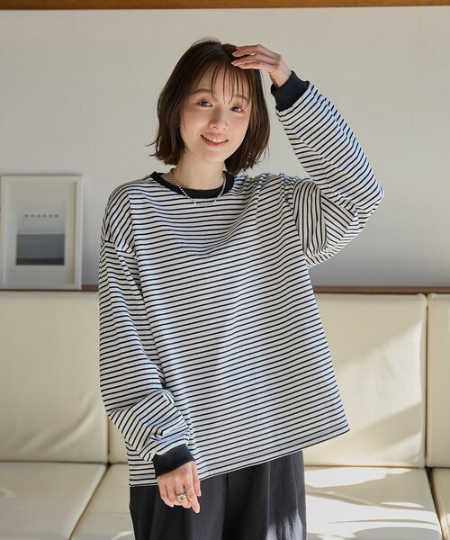 coen(コーエン)の「【WEB限定】USAコットンレトロボーダーTシャツ(Tシャツ/カットソー・レディース・ベージュ/ナチュラル/ケリーグリーン/パープル/ブラウン/オレンジ/ワインレッド/ダークグレー/ライム/ピンク/ライトブルー/ホワイト・L/M)」の13枚目の写真