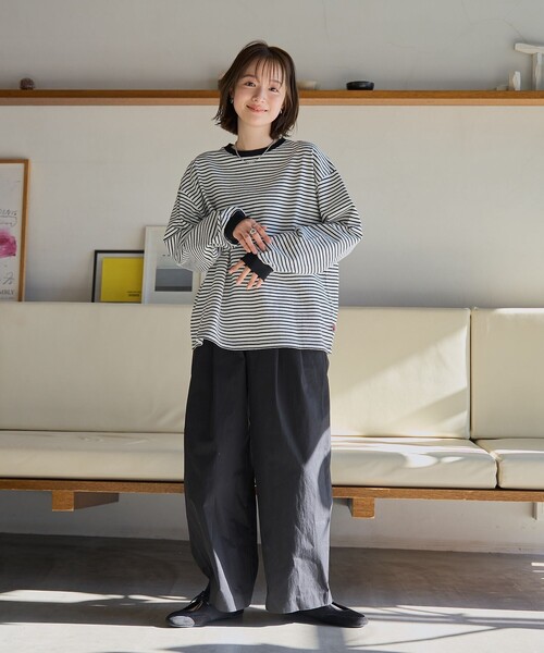 coen(コーエン)の「【WEB限定】USAコットンレトロボーダーTシャツ(Tシャツ/カットソー・レディース・ベージュ/ナチュラル/ケリーグリーン/パープル/ブラウン/オレンジ/ワインレッド/ダークグレー/ライム/ピンク/ライトブルー/ホワイト・L/M)」の14枚目の写真