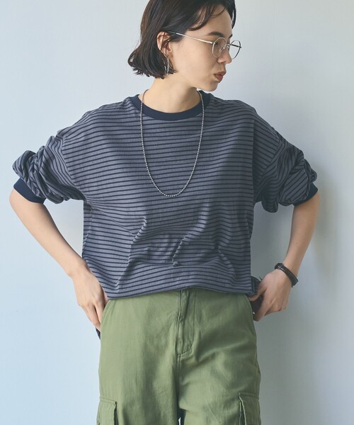 coen(コーエン)の「【WEB限定】USAコットンレトロボーダーTシャツ(Tシャツ/カットソー・レディース・ベージュ/ナチュラル/ケリーグリーン/パープル/ブラウン/オレンジ/ワインレッド/ダークグレー/ライム/ピンク/ライトブルー/ホワイト・L/M)」の18枚目の写真