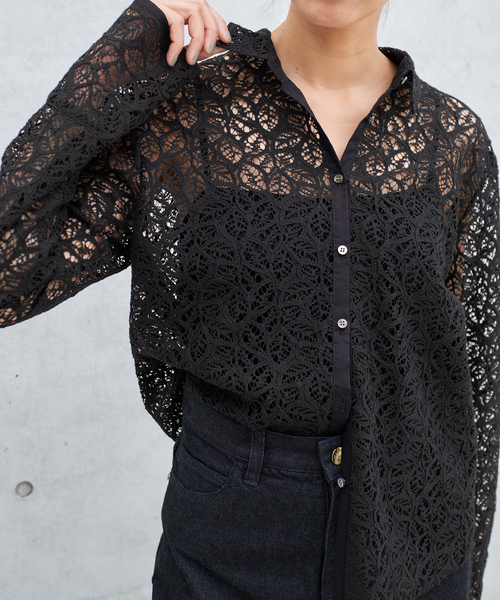 IENA - 【美品】  IENA / イエナ | 2025SS | ラッセル レース シャツ | F | ブラック | レディース 追加》ラッセルレースシャツ（シャツ／ブラウス）｜IENA（イエナ