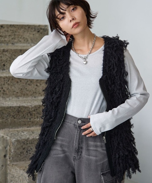 PAGEBOY（ページボーイ）の「フェザーループZIPニット（ニット/セーター・レディース・グレー/アイボリー/ブラック・FREE）」の2枚目の写真