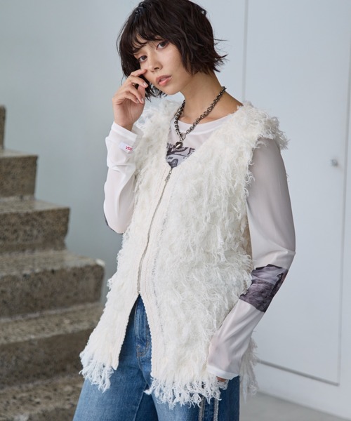 PAGEBOY（ページボーイ）の「フェザーループZIPニット（ニット/セーター・レディース・グレー/アイボリー/ブラック・FREE）」の9枚目の写真