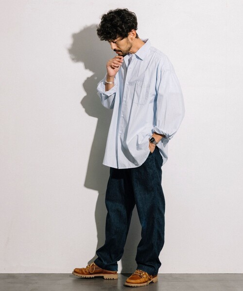 HINSON（ヒンソン）の「HINSON/ヒンソン レギュラーカラー ブロード ロングスリーブシャツ/ストライプ/リラックスフィット（シャツ/ブラウス・メンズ・サックスブルー系/ブルー系/オフホワイト/ブラック・MEDIUM/LARGE）」の17枚目の写真