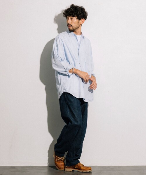 HINSON（ヒンソン）の「HINSON/ヒンソン レギュラーカラー ブロード ロングスリーブシャツ/ストライプ/リラックスフィット（シャツ/ブラウス・メンズ・サックスブルー系/ブルー系/オフホワイト/ブラック・MEDIUM/LARGE）」の18枚目の写真