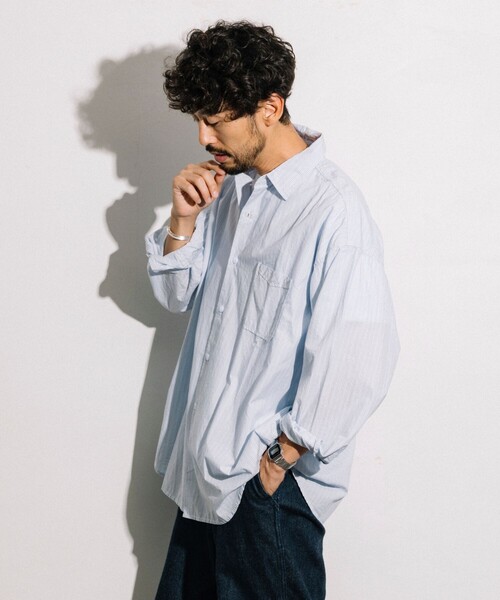 HINSON（ヒンソン）の「HINSON/ヒンソン レギュラーカラー ブロード ロングスリーブシャツ/ストライプ/リラックスフィット（シャツ/ブラウス・メンズ・サックスブルー系/ブルー系/オフホワイト/ブラック・MEDIUM/LARGE）」の19枚目の写真