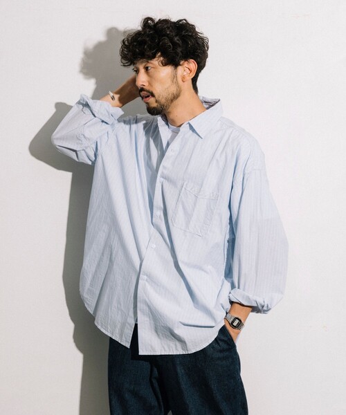 HINSON（ヒンソン）の「HINSON/ヒンソン レギュラーカラー ブロード ロングスリーブシャツ/ストライプ/リラックスフィット（シャツ/ブラウス・メンズ・サックスブルー系/ブルー系/オフホワイト/ブラック・MEDIUM/LARGE）」の20枚目の写真