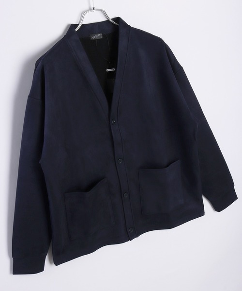 フェイクスエード 無地 長袖カーディガン Vネック ポケット付