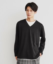 畦編みフェイクレイヤードVネック長袖Tシャツ
