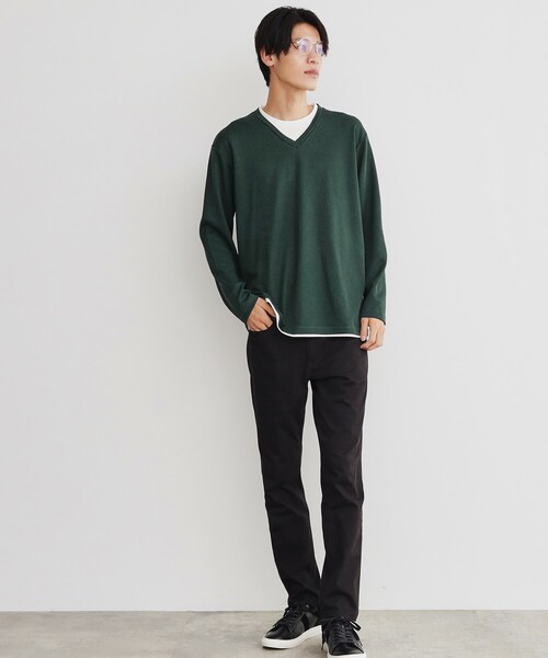 セール】畦編みフェイクレイヤードVネック長袖Tシャツ（Tシャツ
