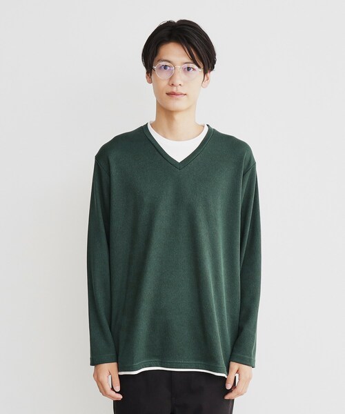 セール】畦編みフェイクレイヤードVネック長袖Tシャツ（Tシャツ