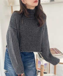 配色リブハイネッククロップド ニット