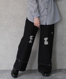 クラッシュダメージ加工リメイク風デニムワイドパンツ