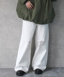 クラッシュダメージ加工リメイク風デニムワイドパンツ