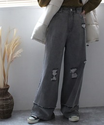 ダメージ加工 グレー ブーツカットデニム ダメージ加工 ブーツカット デニムジーンズ」に該当するグレー/灰色系