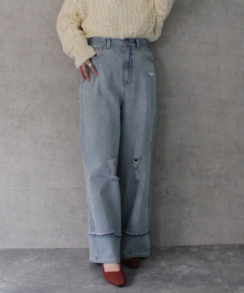 SELECT LEVERY(セレクトリベリー)の「クラッシュダメージ加工リメイク風デニムワイドパンツ(デニムパンツ・レディース・ライトグレー/ライトブルー/ホワイト/ブラック系その他・X-LARGE/LARGE/MEDIUM/SMALL)」の4枚目の写真