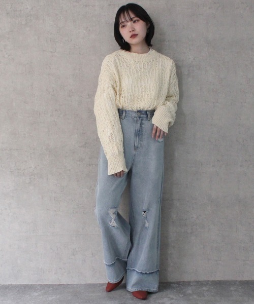 SELECT LEVERY(セレクトリベリー)の「クラッシュダメージ加工リメイク風デニムワイドパンツ(デニムパンツ・レディース・ライトグレー/ライトブルー/ホワイト/ブラック系その他・X-LARGE/LARGE/MEDIUM/SMALL)」の6枚目の写真