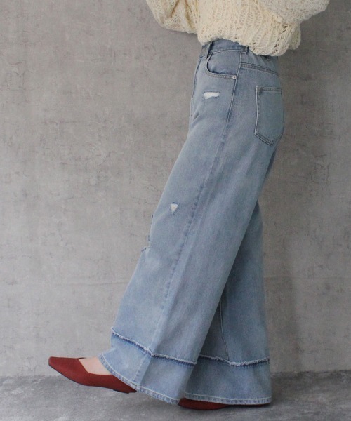 SELECT LEVERY(セレクトリベリー)の「クラッシュダメージ加工リメイク風デニムワイドパンツ(デニムパンツ・レディース・ライトグレー/ライトブルー/ホワイト/ブラック系その他・X-LARGE/LARGE/MEDIUM/SMALL)」の11枚目の写真