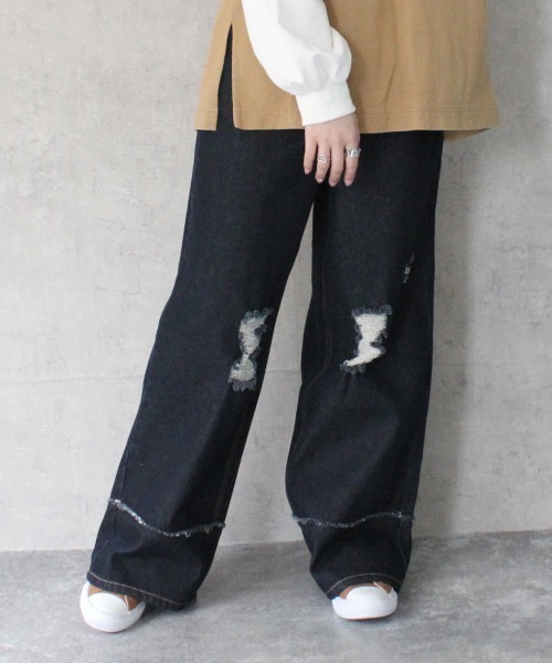 SELECT LEVERY(セレクトリベリー)の「クラッシュダメージ加工リメイク風デニムワイドパンツ(デニムパンツ・レディース・ライトグレー/ライトブルー/ホワイト/ブラック系その他・X-LARGE/LARGE/MEDIUM/SMALL)」の18枚目の写真