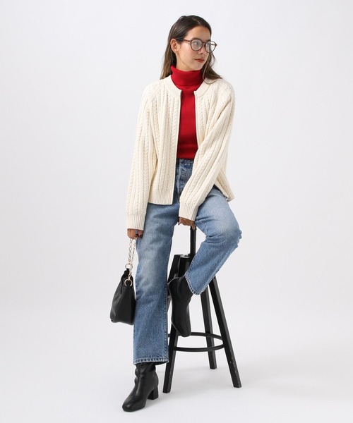 春先まで着られる綿素材]ラウンドカラーケーブルカーディガン