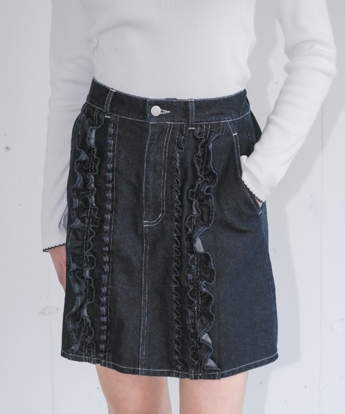 idem（イデム）の「frill denim mini skirt / フリルデザインミニスカート（デニムスカート・レディース・ネイビー/ブルー・FREE）」の3枚目の写真