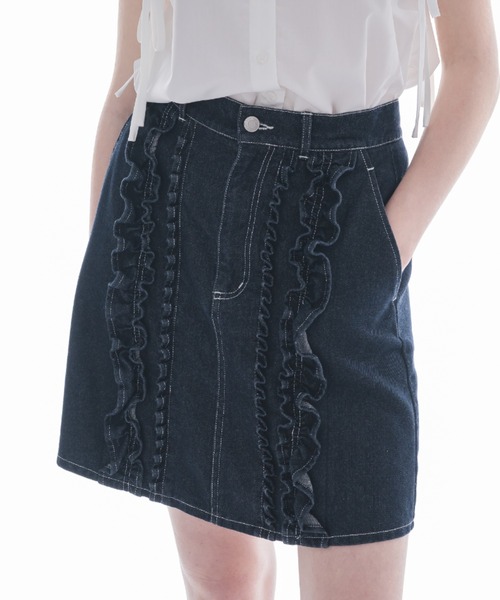 damage frill denim skirt／花柄ジャガードフリルスカート デニムスカート damage frill denim skirt／花柄ジャガード