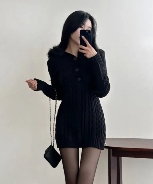 セール】Y2K エコファー フード ケーブル スレンダーニット