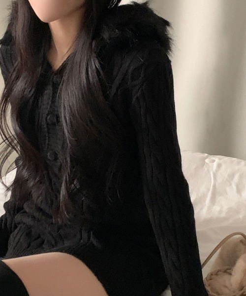 セール】Y2K エコファー フード ケーブル スレンダーニット