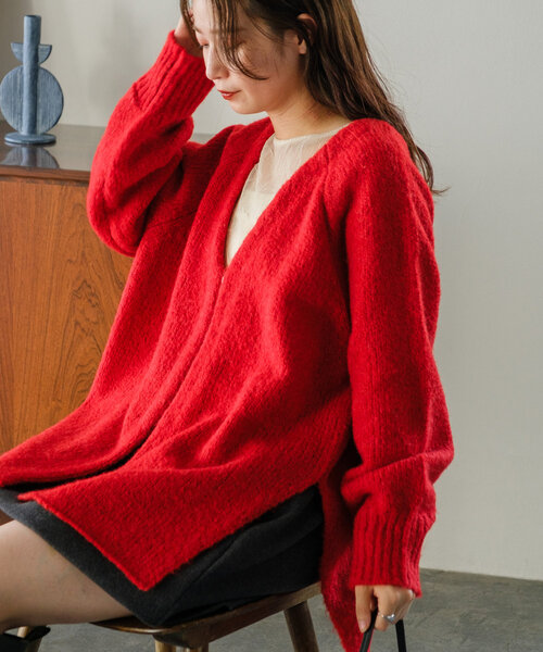 UNUSED - UNUSED オーバーサイズ 厚手 ローゲージ ニットセーター 赤色 ワンフォークロージング 1111clothing Vネック ニット メンズ