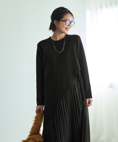 STYLE DELI(スタイルデリ)の「ななめニットレイヤードワンピース(ワンピース・レディース・ベージュ/ブラック・SMALL/MEDIUM)」の7枚目の写真