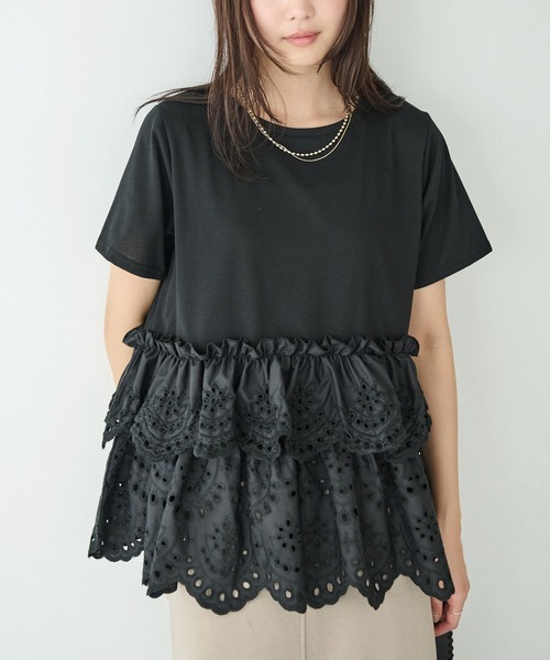 LAVEANGE（ラビアンジェ）の「クラフト刺繍プルオーバー（Tシャツ/カットソー・レディース・オフホワイト/ブラック・M/LL/3L/4L/5L）」の14枚目の写真